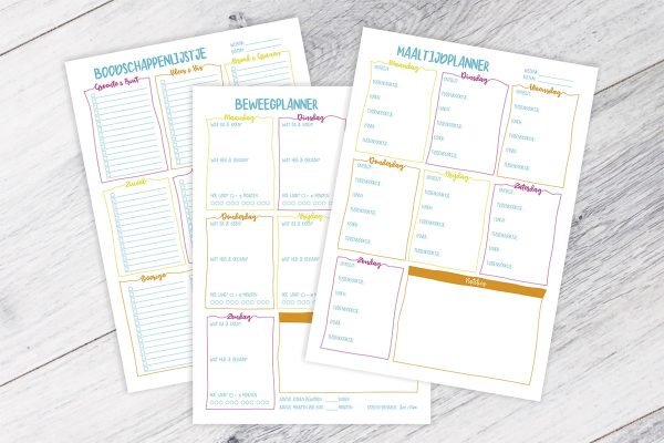 3x Printable - <br>Maaltijdplanner, Boodschappenlijstje & Beweegplanner